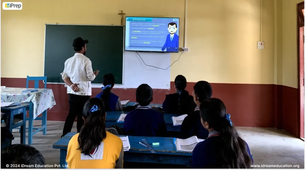 Teacher teaching students using smart screen